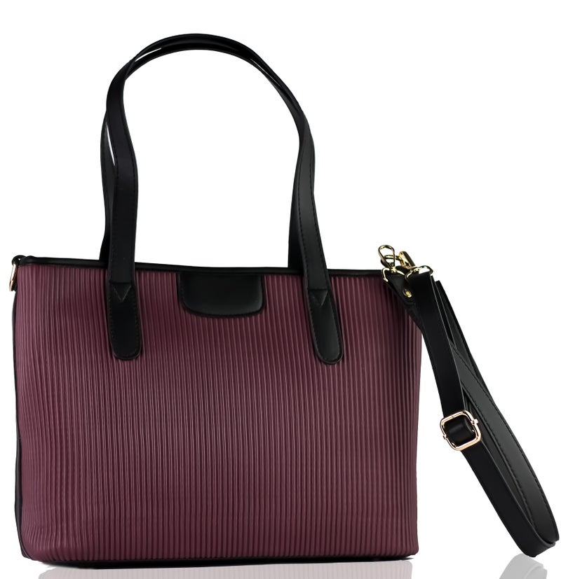 Premium Ribbed Textured Tote Bag for Women - Two-Tone Elegant Handbag with Detachable Shoulder Strap - Burgundy & Black - Image 1